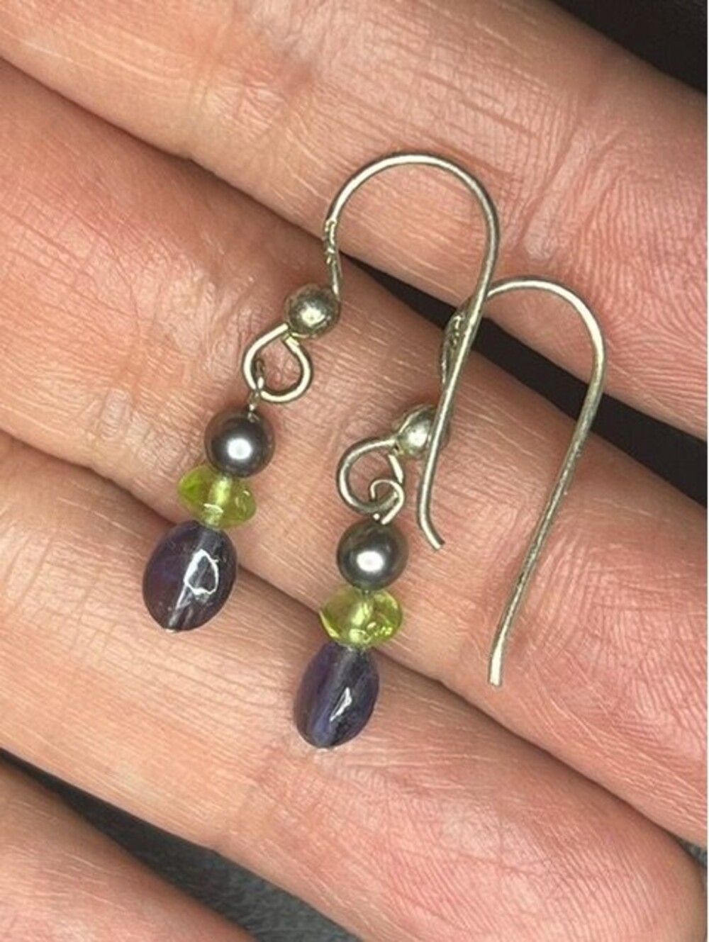 B7433 Dangle Earrings Sterling Silver 1.5" Drop Pearl Peridot Iolite Gemstone
